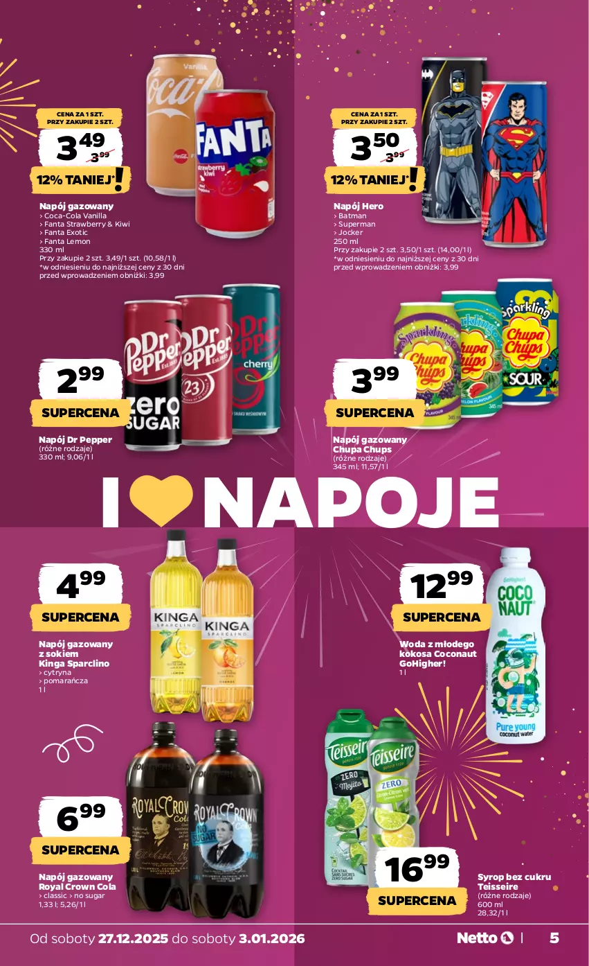 Gazetka promocyjna Netto - Od Soboty - ważna 27.12.2025 do 03.01.2026 - strona 5 - produkty: Chupa Chups, Clin, Coca-Cola, Fa, Fanta, Kiwi, Kokos, Napój, Napój gazowany, Napoje, Sok, Syrop, Woda