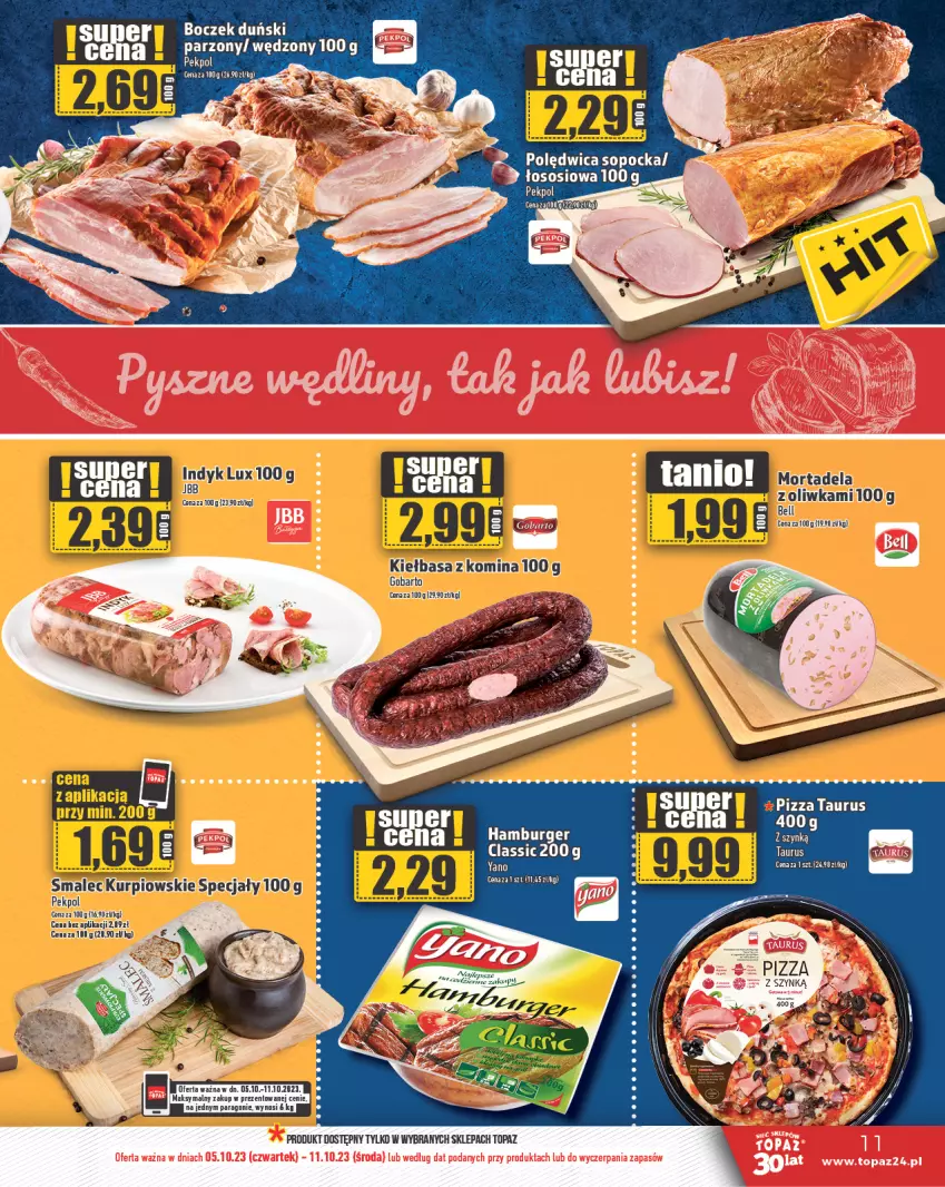 Gazetka promocyjna Topaz - Gazetka - ważna 05.10 do 11.10.2023 - strona 11 - produkty: Boczek, Burger, Hamburger, Kiełbasa, Pizza, Polędwica, Smalec, Sos, Top