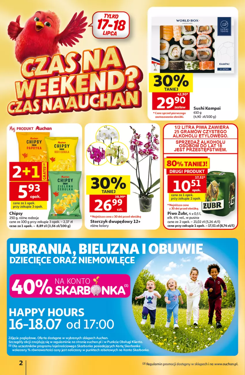 Gazetka promocyjna Auchan - 30 Lat Hipermarket - ważna 16.07 do 22.07.2026 - strona 2 - produkty: Bielizna, Cebula, Chipsy, Dzieci, Gra, Piwa, Piwo, Ser, Storczyk, Sushi, Ubrania