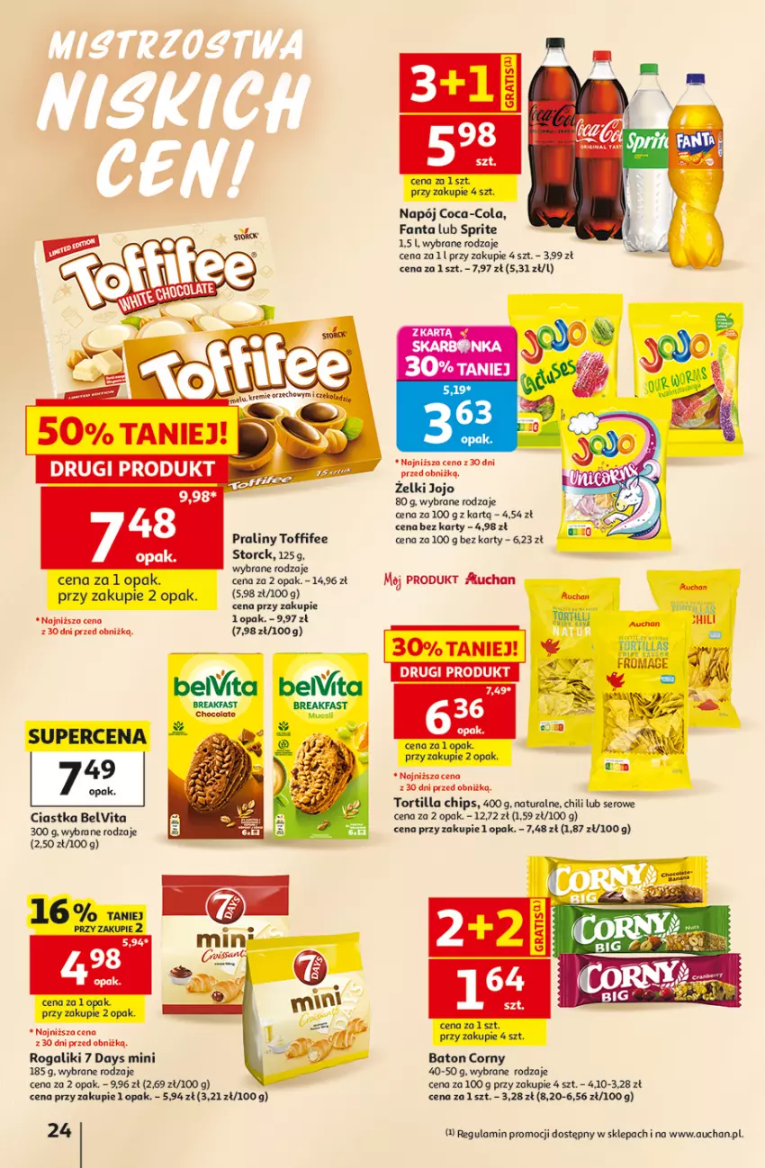 Gazetka promocyjna Auchan - 30 Lat Hipermarket - ważna 16.07 do 22.07.2026 - strona 24 - produkty: 7 Days, Baton, BelVita, Ciastka, Coca-Cola, Fa, Fanta, Napój, Praliny, Rogal, Ser, Sprite, Toffifee, Tortilla, Tortilla Chips