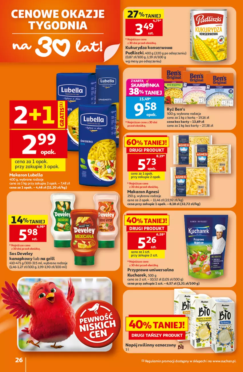 Gazetka promocyjna Auchan - 30 Lat Hipermarket - ważna 16.07 do 22.07.2026 - strona 26 - produkty: Bell, Bella, Gin, Grill, Kucharek, Kukurydza, Kukurydza konserwowa, Lubella, Makaron, Napój, Napój roślinny, Przyprawa uniwersalna, Pudliszki, Ser, Sos, Spaghetti