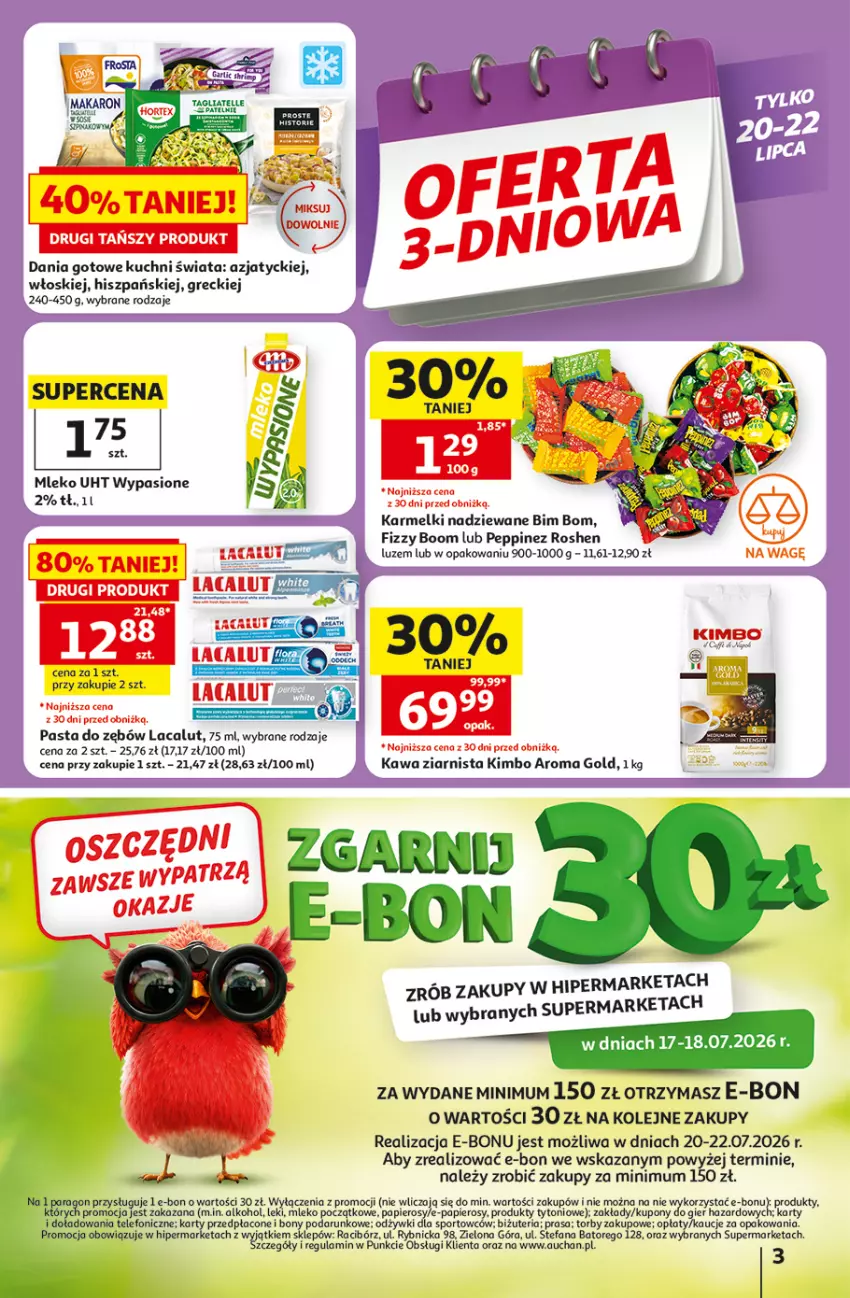 Gazetka promocyjna Auchan - 30 Lat Hipermarket - ważna 16.07 do 22.07.2026 - strona 3 - produkty: Dania gotowe, Fa, Kawa, Kawa ziarnista, Koc, Lacalut, Mleko, Olej, Papier, Pasta do zębów, Por, Sport, Tagliatelle, Telefon