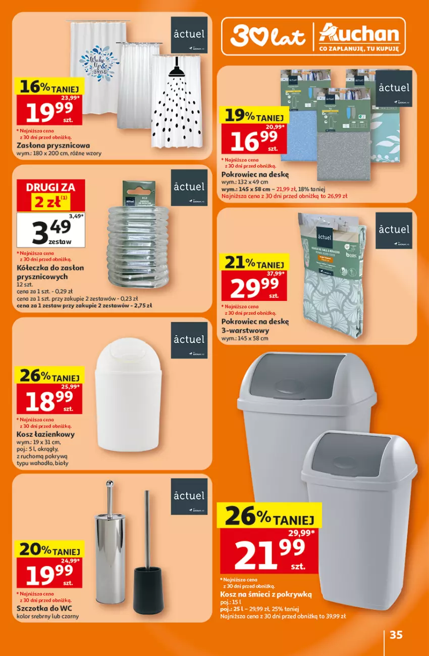 Gazetka promocyjna Auchan - 30 Lat Hipermarket - ważna 16.07 do 22.07.2026 - strona 35 - produkty: Kosz, Kosz łazienkowy, Pokrowiec, Pokrowiec na deskę, Szczotka, Szczotka do WC, Zasłona, Zasłona prysznicowa