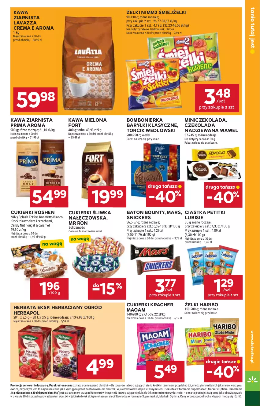 Gazetka promocyjna Stokrotka - Market - ważna 29.10 do 04.11.2026 - strona 26 - produkty: Baryłki, Baton, Bounty, Candy, Ciastka, Cukier, Cukierki, Czekolada, Czekolada nadziewana, Haribo, Herbapol, Herbata, Kawa, Kawa mielona, Kawa ziarnista, Kominek, Lavazza, Lubisie, Mars, Mięso, Nimm2, Ogród, Optima, Owoce, Prima, Snickers, Torba, Warzywa, Wawel