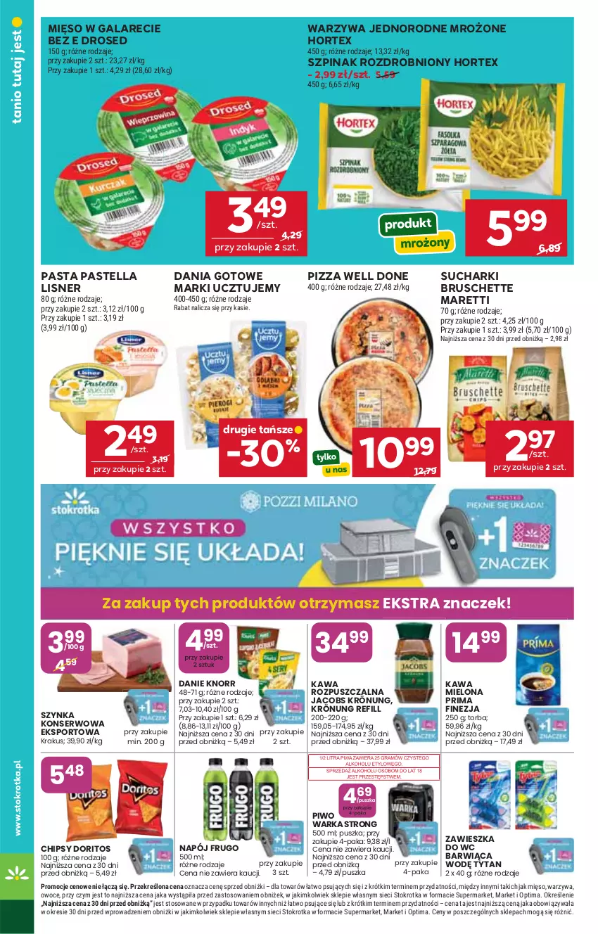 Gazetka promocyjna Stokrotka - Market - ważna 29.10 do 04.11.2026 - strona 33 - produkty: Bruschette, Chipsy, Dania gotowe, Gala, Hortex, Jacobs, Jacobs Krönung, Kawa, Kawa mielona, Kawa rozpuszczalna, Knorr, Lisner, Mięso, Mięso w galarecie, Napój, Optima, Owoce, Pastella, Piwo, Pizza, Por, Prima, Ser, Sport, Szpinak, Szynka, Szynka konserwowa, Warka, Warzywa, Zawieszka do wc