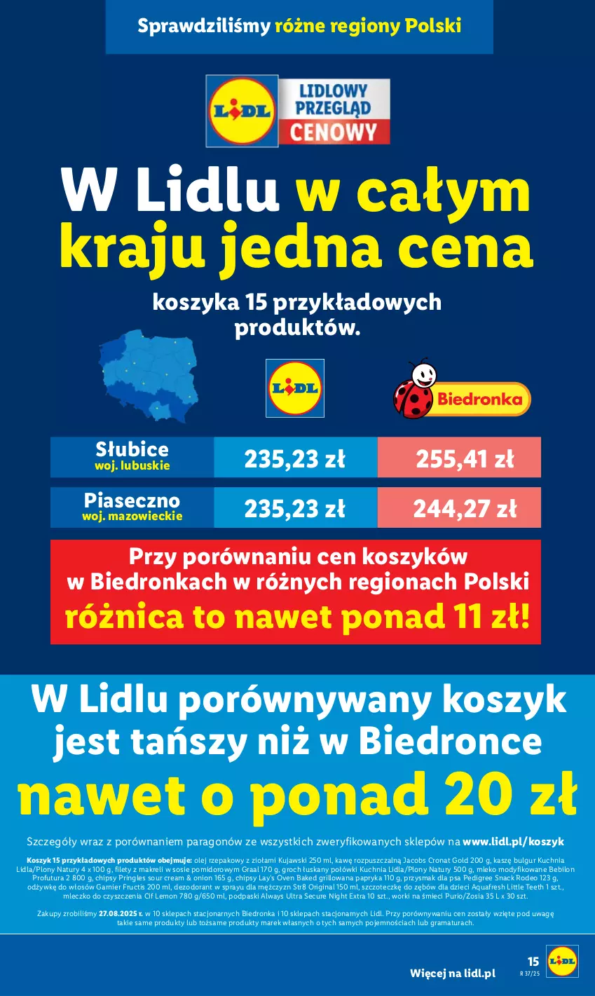 Gazetka promocyjna Lidl - GAZETKA - ważna 11.09 do 13.09.2025 - strona 15 - produkty: Always, Always Ultra, Aquafresh, BEBILON, BIC, Bulgur, Chipsy, Cif, Dezodorant, Dzieci, Fructis, Garnier, Gin, Gra, Graal, Grill, Groch, Jacobs, Kosz, Kuchnia, Kujawski, Lay’s, LG, Mleczko, Mleko, Mleko modyfikowane, Olej, Olej rzepakowy, Papryka, Pedigree, Podpaski, Por, Pringles, Przysmak dla psa, Pur, Rama, Sos, Str8, Worki na śmiec, Worki na śmieci
