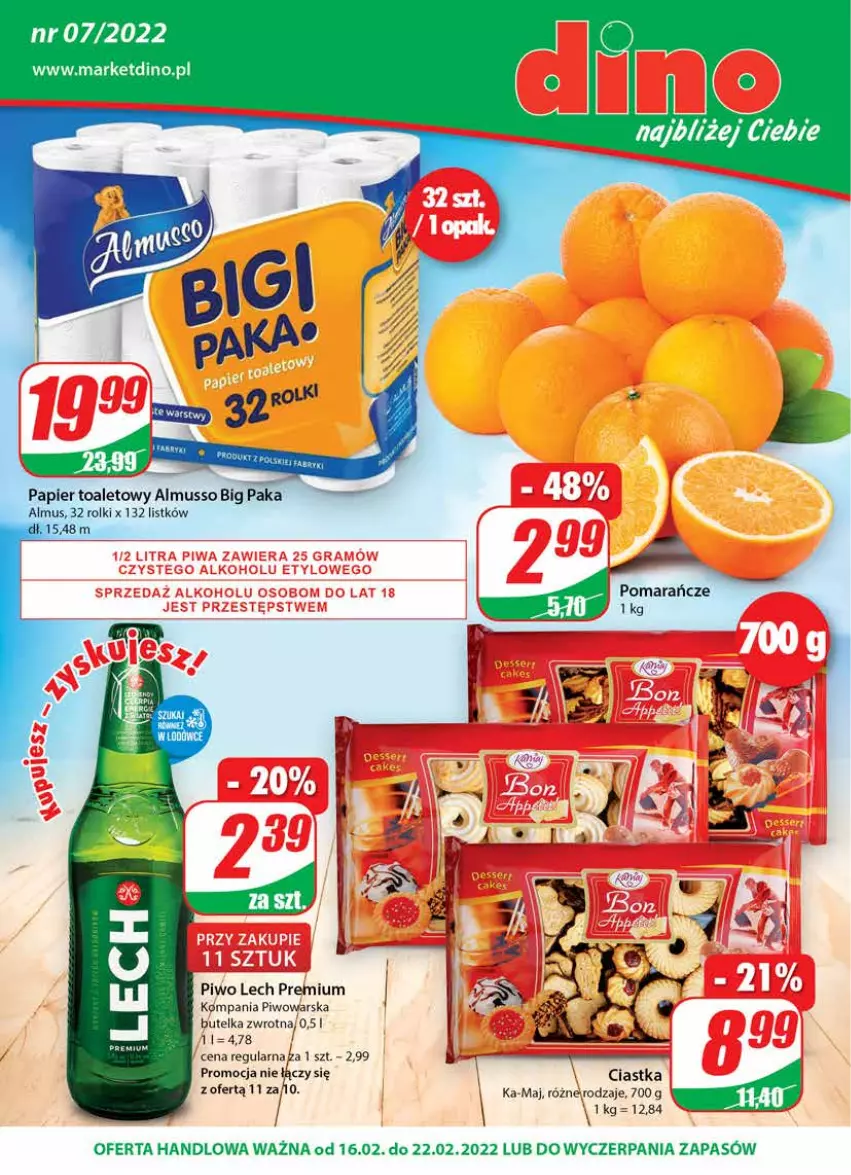 Gazetka promocyjna Dino - Gazetka - ważna 16.02 do 22.02.2022 - strona 1 - produkty: Ciastka, JBL, Lech Premium, Mus, Papier, Papier toaletowy, Piwo, Rolki