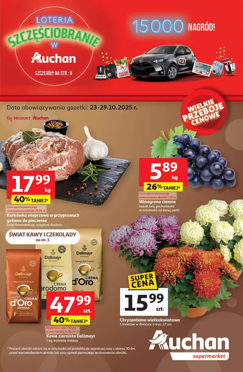 Gazetka promocyjna Auchan - Wielkie przeboje cenowe Supermarket - ważna 23.10 do 29.10.2025 - strona 1 - produkty: Chryzantema, Dallmayr, Karkówka wieprzowa, Kawa, Kawa ziarnista, Piec, Wino, Winogrona