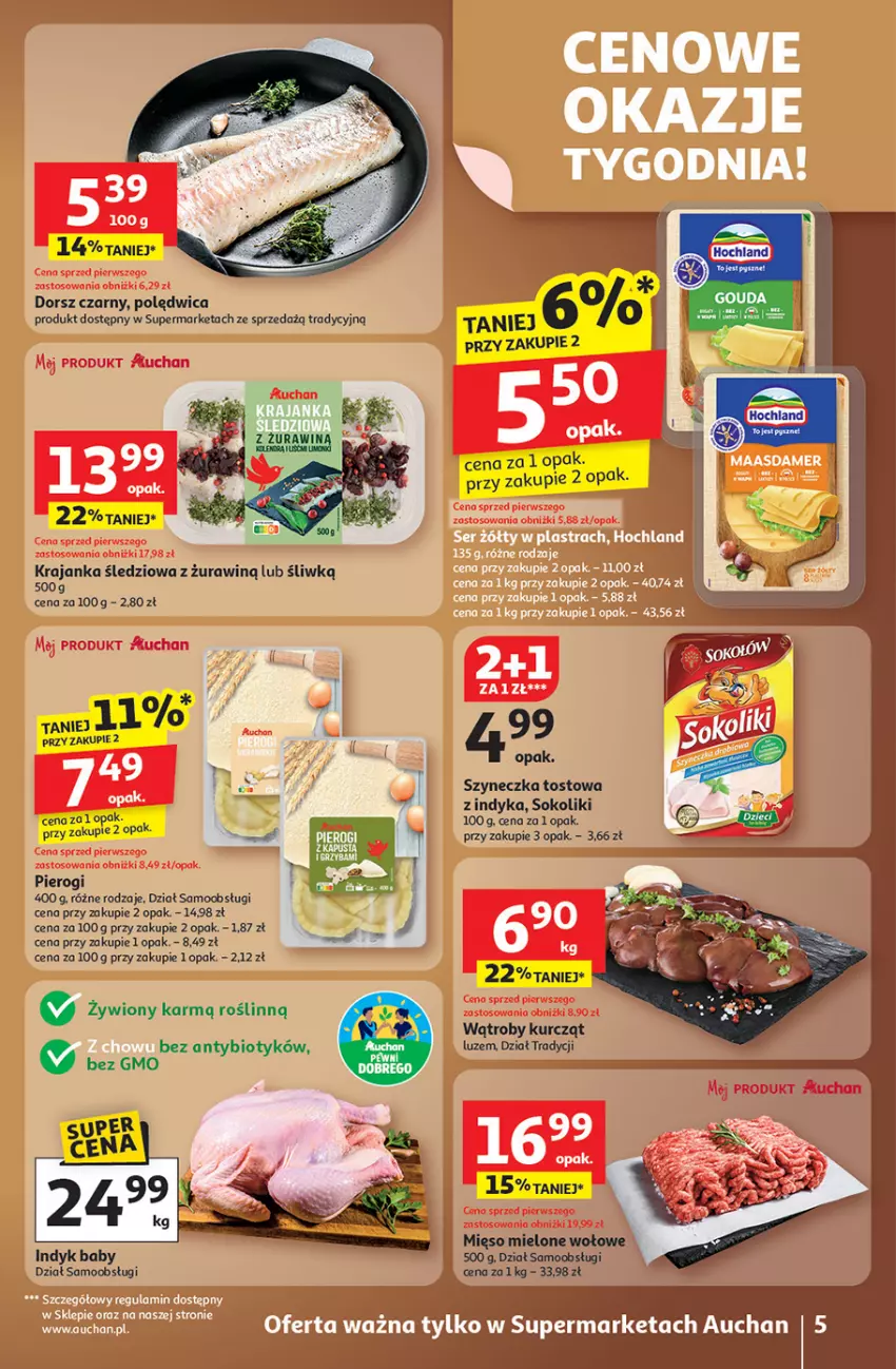 Gazetka promocyjna Auchan - Wielkie przeboje cenowe Supermarket - ważna 23.10 do 29.10.2025 - strona 5 - produkty: Dorsz, Fa, Gouda, Hochland, Krajanka śledziowa, Mięso, Mięso mielone, Pierogi, Polędwica, Sok
