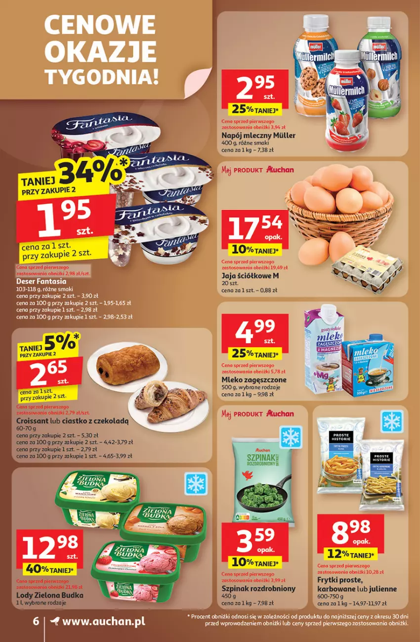 Gazetka promocyjna Auchan - Wielkie przeboje cenowe Supermarket - ważna 23.10 do 29.10.2025 - strona 6 - produkty: Croissant, Frytki, Jaja, Lody, Mleko, Mleko zagęszczone, Napój, Napój mleczny, Szpinak, Zielona Budka