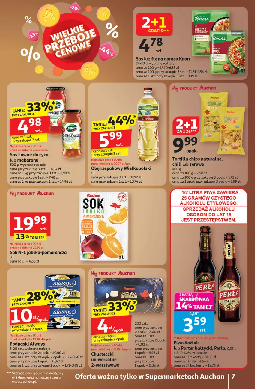 Gazetka promocyjna Auchan - Wielkie przeboje cenowe Supermarket - ważna 23.10 do 29.10.2025 - strona 7 - produkty: Always, Chusteczki, Knorr, Makaron, Olej, Olej rzepakowy, Perła, Piwo, Podpaski, Por, Ryż, Ser, Sok, Sos, Tortilla, Tortilla Chips