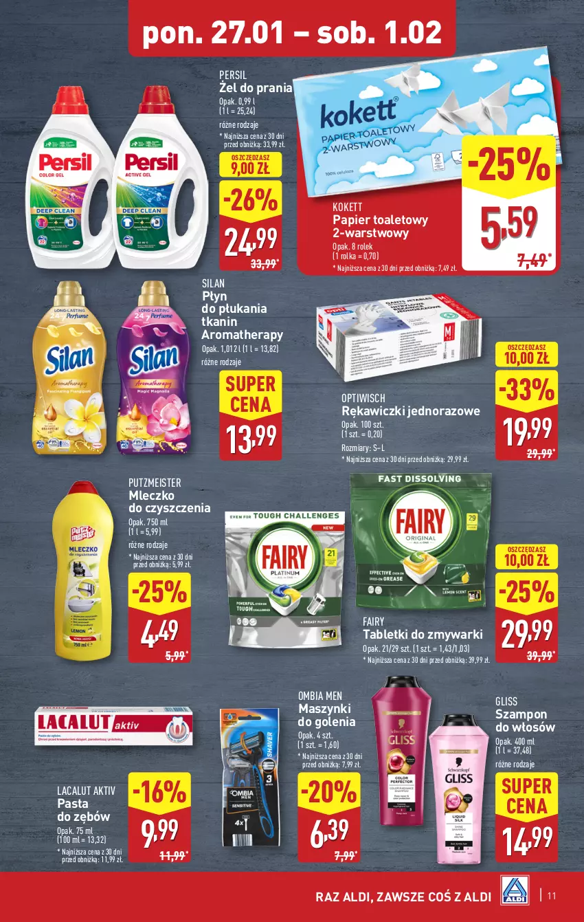 Gazetka promocyjna Aldi - Pełna oferta - ważna 27.01 do 01.02.2025 - strona 11 - produkty: Fa, Fairy, Lacalut, Mleczko, Papier, Papier toaletowy, Pasta do zębów, Persil, Płyn do płukania, Putzmeister, Silan, Szampon, Tablet, Tabletki do zmywarki, Zmywarki