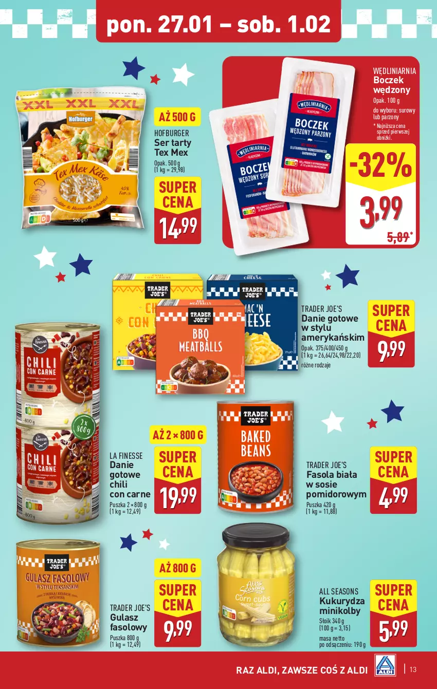 Gazetka promocyjna Aldi - Pełna oferta - ważna 27.01 do 01.02.2025 - strona 13 - produkty: All Seasons, Boczek, Burger, Danie gotowe, Fa, Fasola, Hofburger, Kukurydza, Ser, Sos