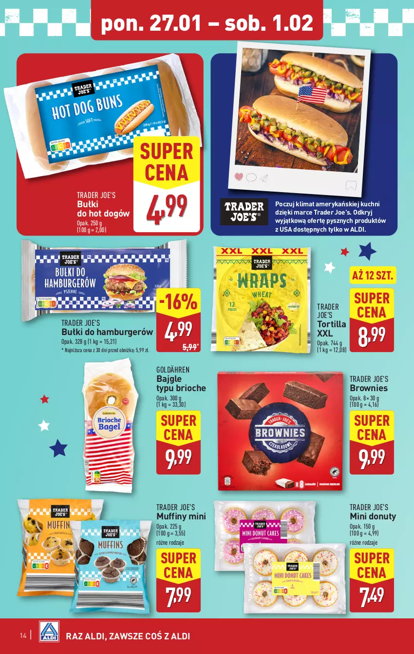 Gazetka promocyjna Aldi - Pełna oferta - ważna 27.01 do 01.02.2025 - strona 14 - produkty: Bajgle, Brownie, Bułki do hot dogów, Burger, Donut, Hamburger, Hot dog, Muffiny, Nuty, Tortilla