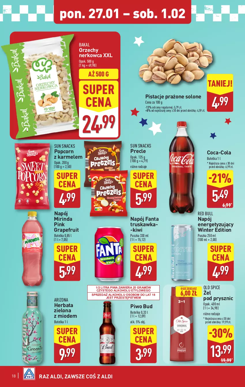 Gazetka promocyjna Aldi - Pełna oferta - ważna 27.01 do 01.02.2025 - strona 18 - produkty: Coca-Cola, Fa, Fanta, Gra, Herbata, Kiwi, Mirinda, Napój, Old Spice, Pistacje, Piwa, Piwo, Popcorn, Precle, Red Bull