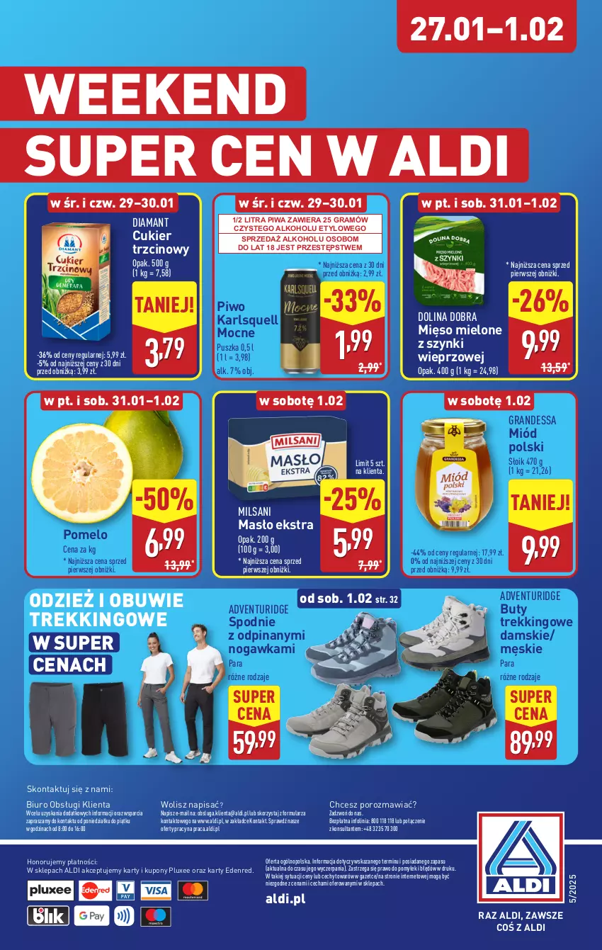 Gazetka promocyjna Aldi - Pełna oferta - ważna 27.01 do 01.02.2025 - strona 34 - produkty: Biuro, Buty, Cukier, Cukier trzcinowy, Diamant, Gra, Karlsquell, Masło, Mięso, Mięso mielone, Mięso mielone z szynki, Miód, O nas, Obuwie, Piwa, Piwo, Pomelo, Por, Spodnie