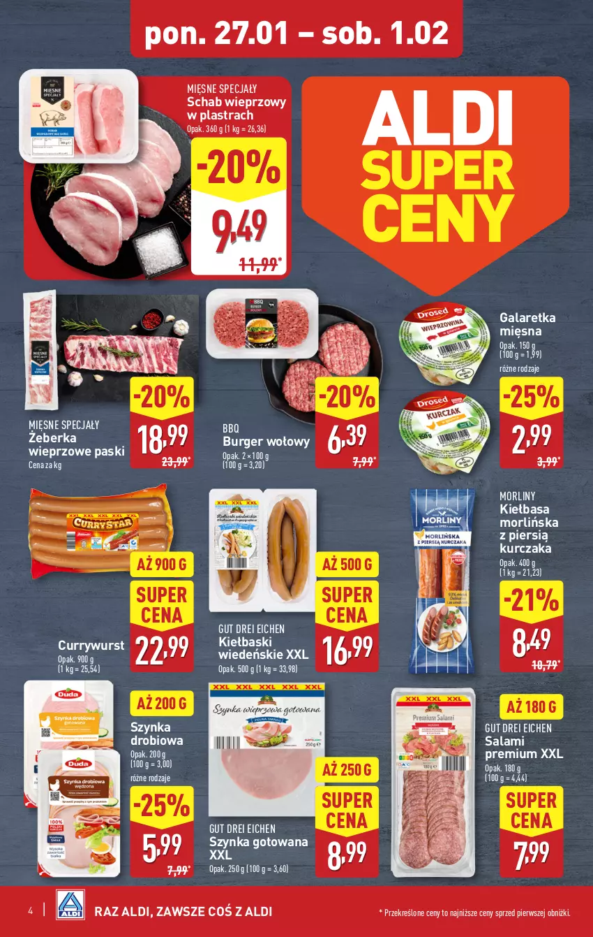 Gazetka promocyjna Aldi - Pełna oferta - ważna 27.01 do 01.02.2025 - strona 4 - produkty: Burger, Gala, Galaretka, Kiełbasa, Kurczak, Mięsne specjały, Morliny, Salami, Schab wieprzowy, Szynka