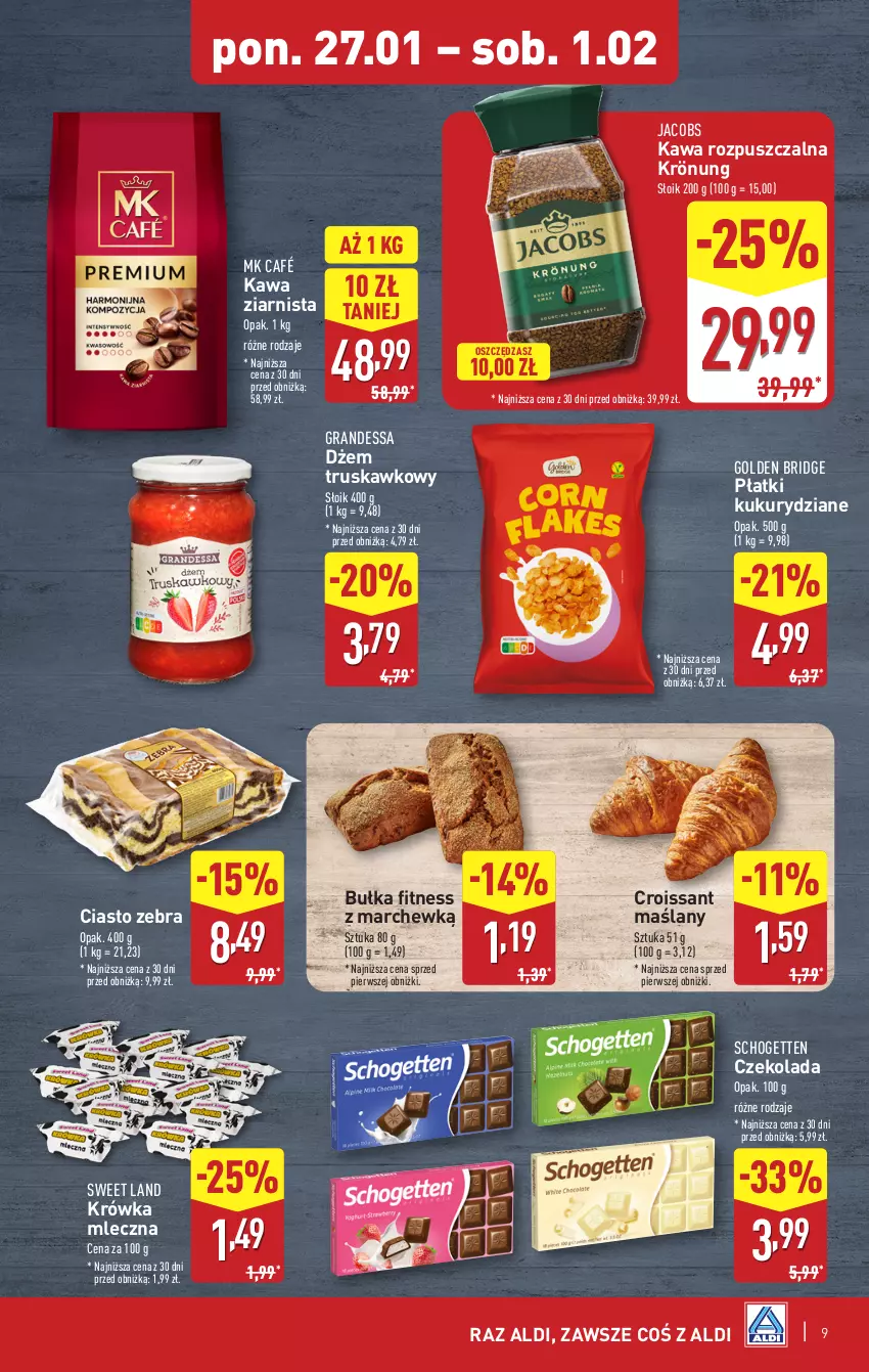 Gazetka promocyjna Aldi - Pełna oferta - ważna 27.01 do 01.02.2025 - strona 9 - produkty: Bułka, Bułka fitness, Croissant, Czekolada, Dżem, Gra, Jacobs, Kawa, Kawa rozpuszczalna, Kawa ziarnista, Schogetten