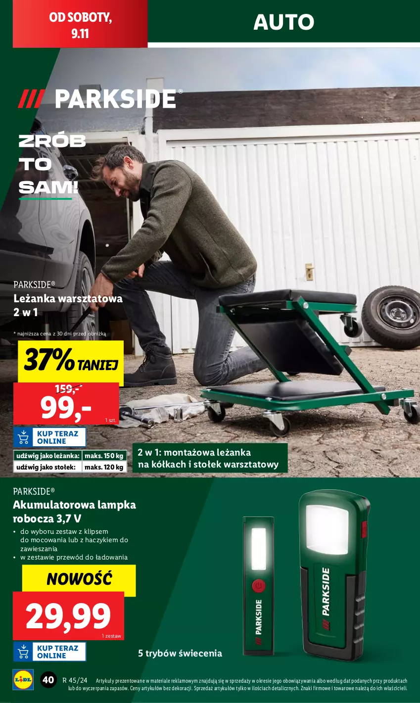 Gazetka promocyjna Lidl - GAZETKA - ważna 04.11 do 09.11.2024 - strona 44 - produkty: Akumulator, Dźwig, Haczyk, Leżanka, Parkside, Przewód, Stołek