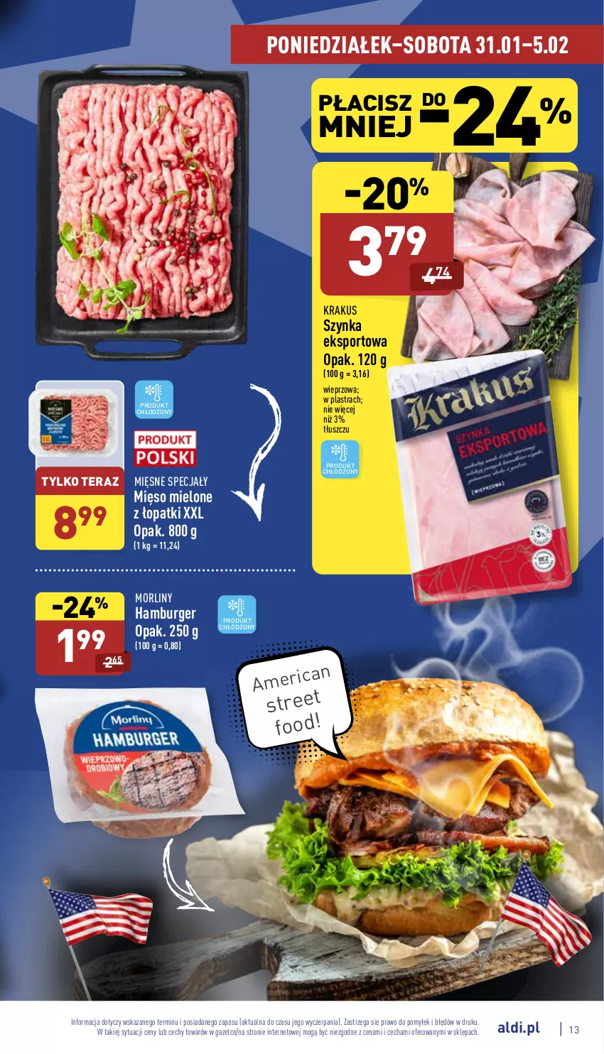 Gazetka promocyjna Aldi - Pełny katalog - ważna 31.01 do 05.02.2022 - strona 13 - produkty: Burger, Hamburger, Krakus, Mięsne specjały, Mięso, Mięso mielone, Morliny, Por, Sport, Szynka, Tera