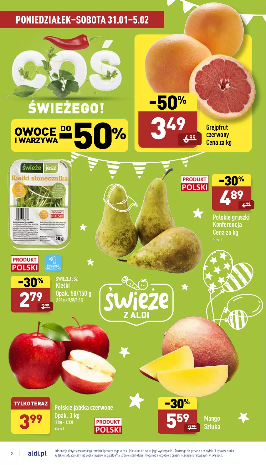 Gazetka promocyjna Aldi - Pełny katalog - ważna 31.01 do 05.02.2022 - strona 2 - produkty: Grejpfrut, Gruszki, Jabłka, Kiełki, Mango, Owoce, Tera, Warzywa