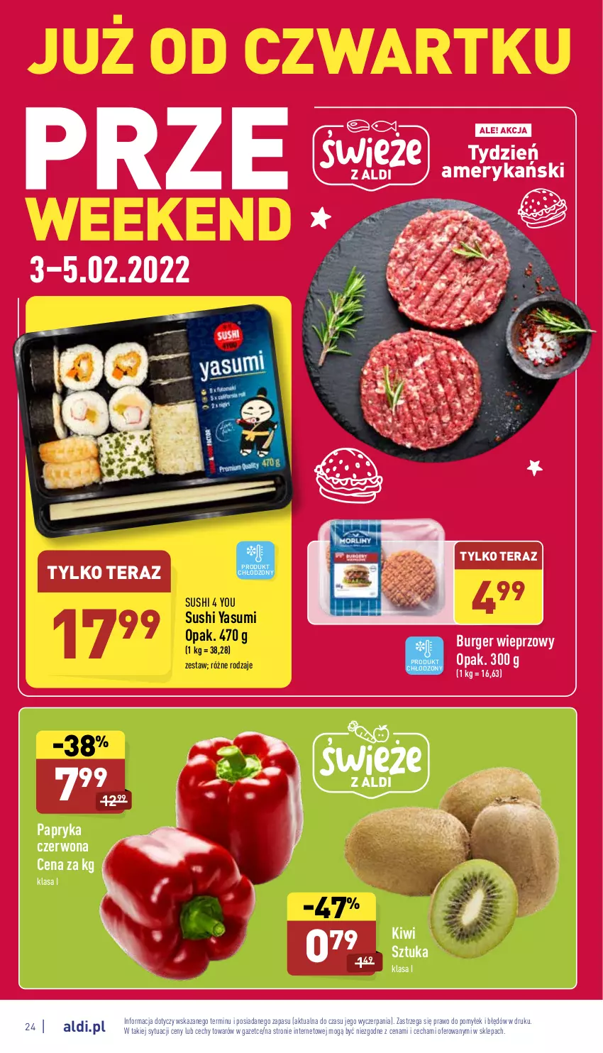 Gazetka promocyjna Aldi - Pełny katalog - ważna 31.01 do 05.02.2022 - strona 24 - produkty: Burger, Kiwi, Papryka, Papryka czerwona, Sushi, Tera