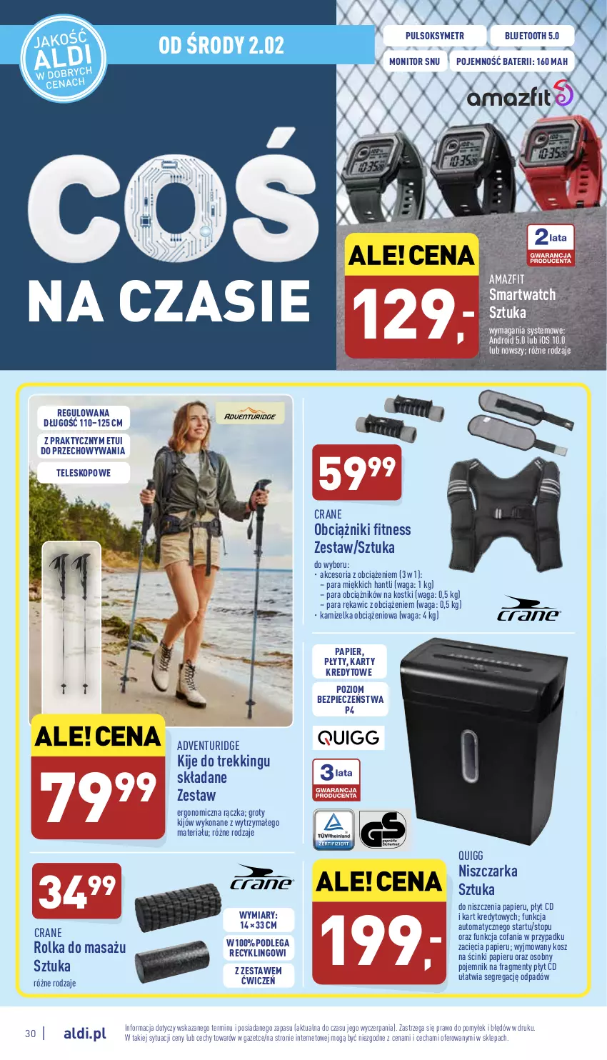 Gazetka promocyjna Aldi - Pełny katalog - ważna 31.01 do 05.02.2022 - strona 30 - produkty: Fa, Kamizelka, Kije, Kosz, Monitor, Niszczarka, Papier, Piec, Pojemnik, Pulsoksymetr, Smartwatch, Sok, Teleskop, Top, Waga