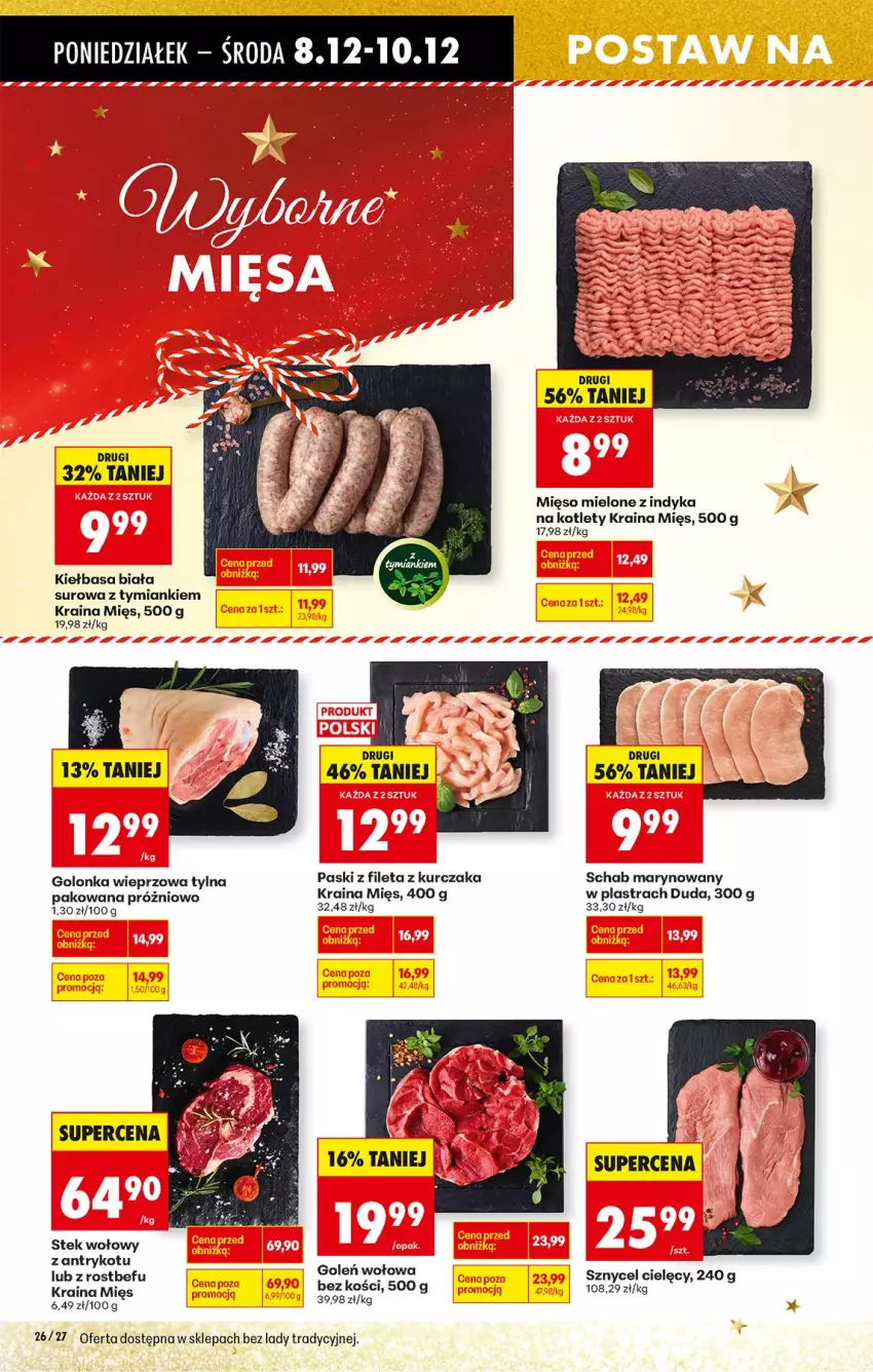 Gazetka promocyjna Biedronka - Od Poniedziałku - ważna 08.12 do 13.12.2025 - strona 39 - produkty: Duda, Fa, Golonka wieprzowa, Kiełbasa, Kiełbasa biała, Kotlet, Kurczak, Mięso, Mięso mielone, Rostbef, Stek, Stek wołowy