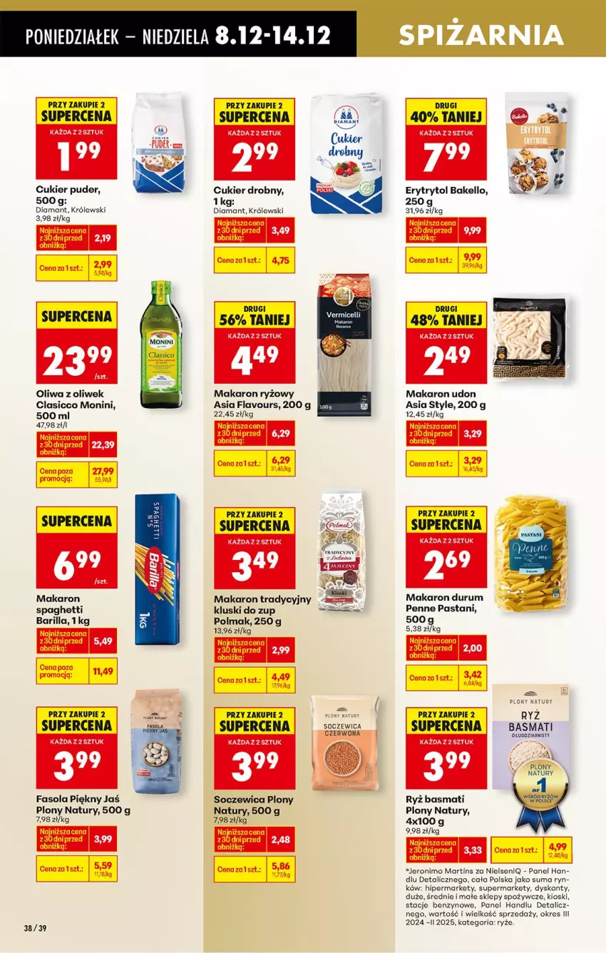 Gazetka promocyjna Biedronka - Od Poniedziałku - ważna 08.12 do 13.12.2025 - strona 57 - produkty: Barilla, Cukier, Cukier puder, Diamant, Fa, Fasola, Królewski, Makaron, Makaron ryżowy, Monini, Oliwa, Oliwa z oliwek, Olma, Penne, Puder, Rum, Ryż, Ryż basmati, Spaghetti