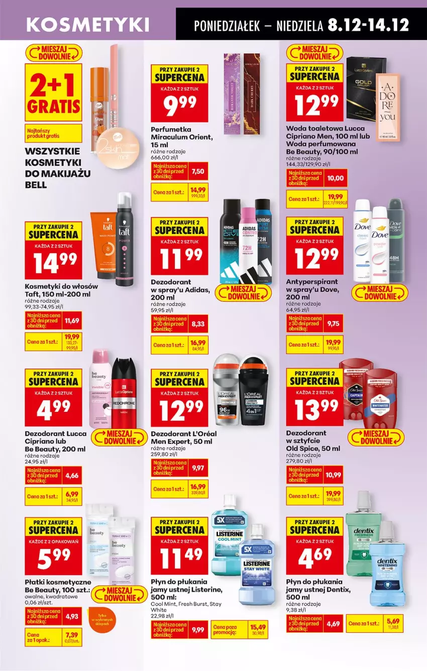Gazetka promocyjna Biedronka - Od Poniedziałku - ważna 08.12 do 13.12.2025 - strona 76 - produkty: Adidas, Antyperspirant, Be Be, Bell, Dezodorant, Dove, Listerine, Makijaż, Old Spice, Perfum, Płatki kosmetyczne, Płyn do płukania, Płyn do płukania jamy ustnej, Taft, Woda, Woda perfumowana, Woda toaletowa