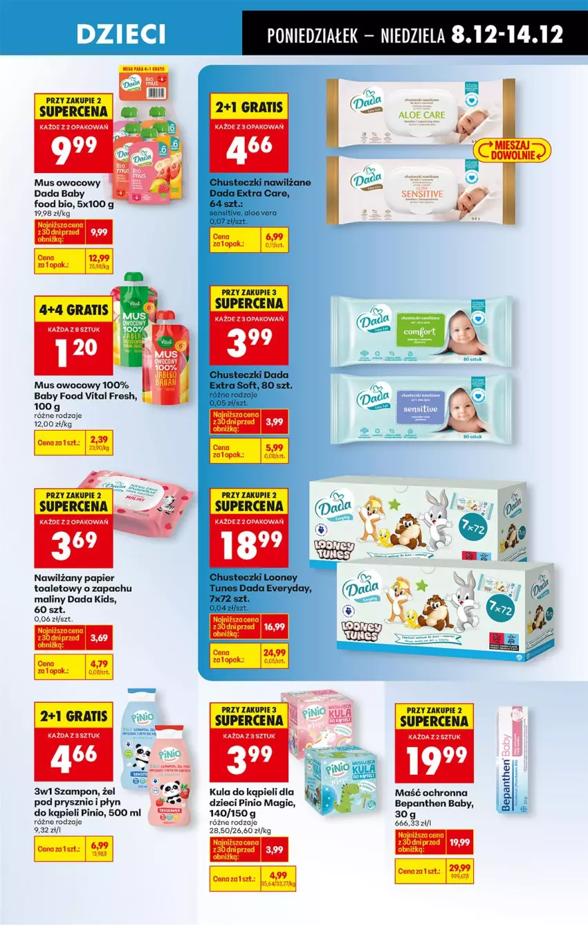 Gazetka promocyjna Biedronka - Od Poniedziałku - ważna 08.12 do 13.12.2025 - strona 80 - produkty: Bepanthen, Dada, Dzieci, Kula do kąpieli, Maliny, Mus, Nawilżany papier, Papier, Papier toaletowy, Szampon
