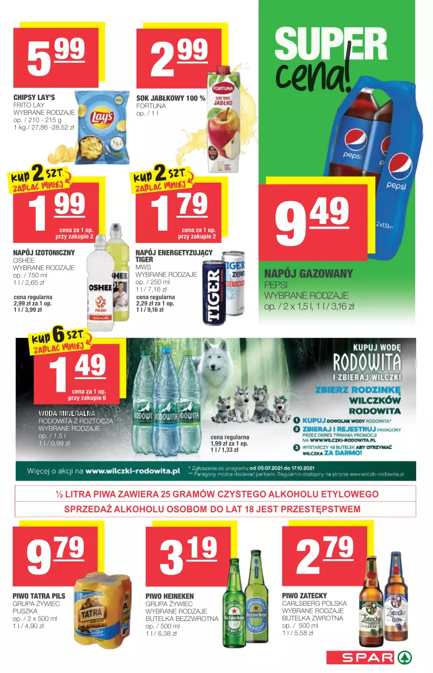 Gazetka promocyjna Spar - Spar - ważna 25.08 do 31.08.2021 - strona 7 - produkty: Carlsberg, Chipsy, ELEX, Fortuna, Heineken, Napój, Napój izotoniczny, Oshee, Piwo, Sok, Sok jabłkowy, Tatra, Tiger, Woda, Woda mineralna