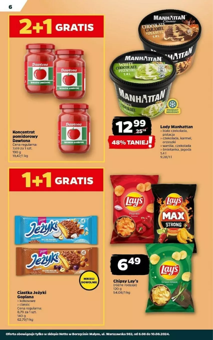 Gazetka promocyjna Netto - ważna 08.08 do 10.08.2024 - strona 9 - produkty: Chipsy, Ciastka, Czekolada, Dawtona, Goplana, Jeżyki, Kokos, Koncentrat pomidorowy, LANA, Lody, Orzeszki