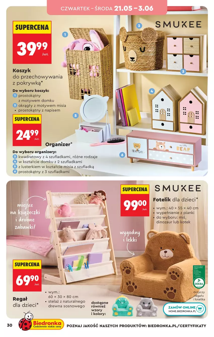 Gazetka promocyjna Biedronka - Okazje Tygodnia - ważna 16.05 do 30.05.2026 - strona 30 - produkty: Dinozaur, Dzieci, Fa, Fotel, Fotelik, Kosz, Kotek, LG, Organizer, Pajac, Regał, Sos