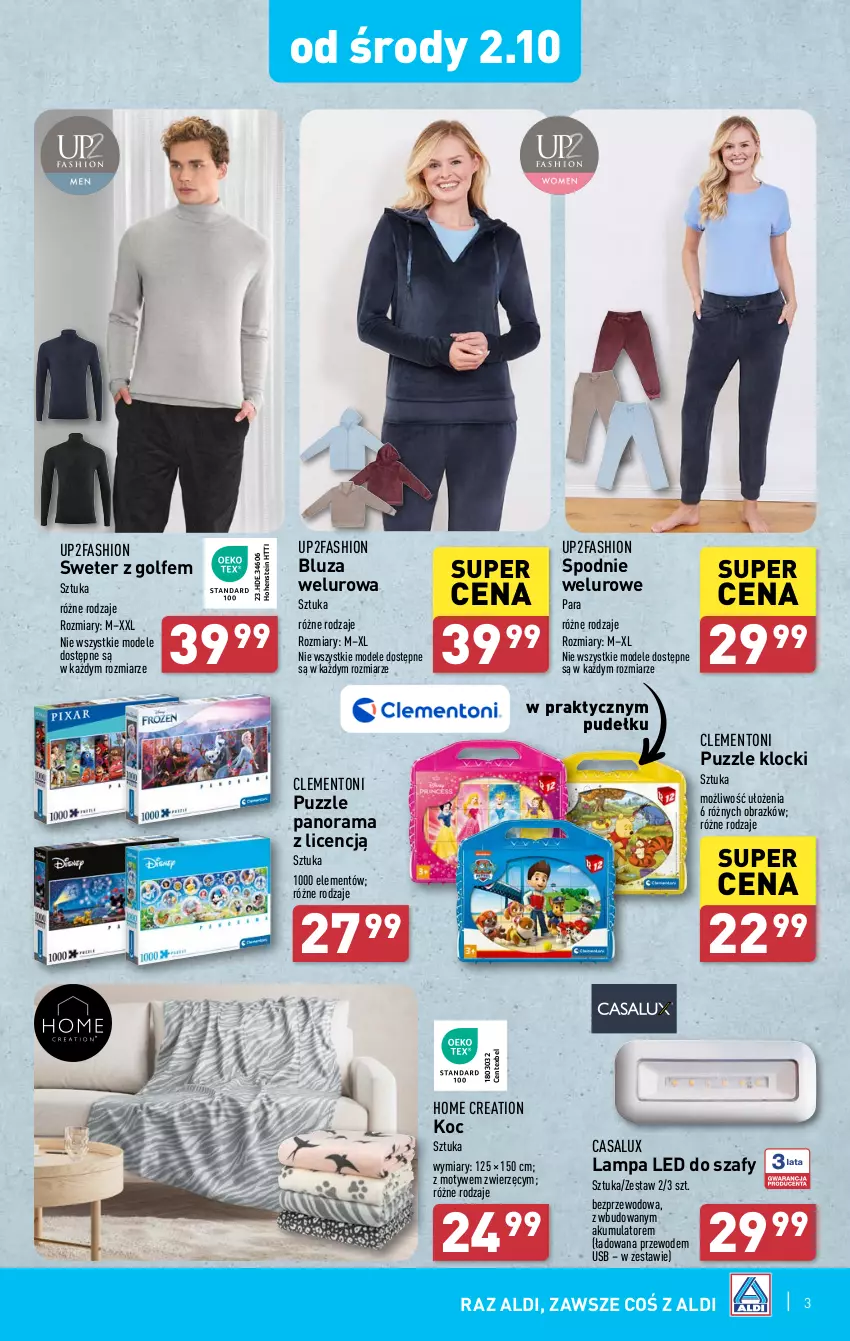 Gazetka promocyjna Aldi - Artykuły przemysłowe i tekstylia - ważna 30.09 do 05.10.2024 - strona 3 - produkty: Akumulator, Bluza, Fa, Klocki, Koc, Lampa, Lampa LED, Obraz, Puzzle, Rama, Spodnie, Spodnie welurowe, Sweter