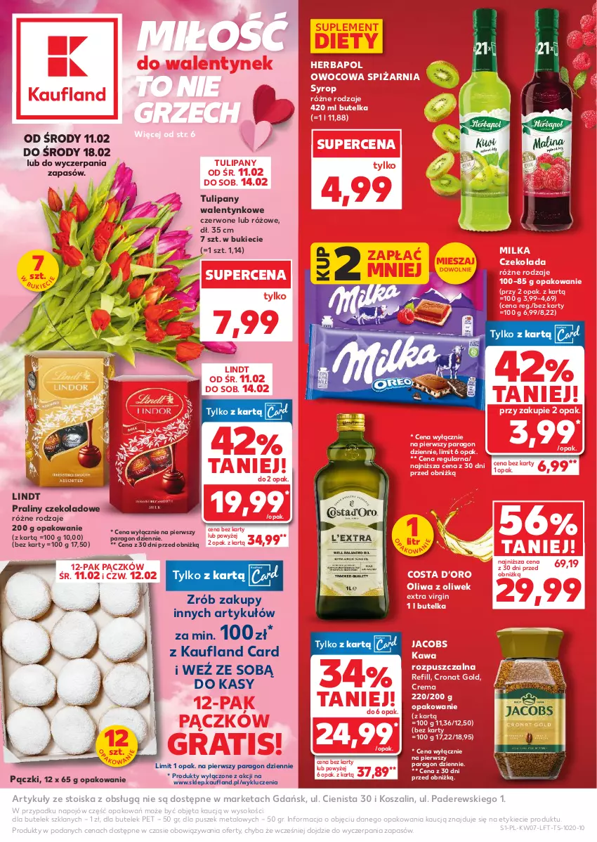 Gazetka promocyjna Kaufland - Gazetka tygodnia - ważna 11.02 do 18.02.2026 - strona 1 - produkty: Czekolada, Gin, Gra, Herbapol, Jacobs, Kawa, Kawa rozpuszczalna, Kosz, Lindt, Milka, Oliwa, Oliwa z oliwek, Praliny, Sok, Syrop, Szal, Tulipan