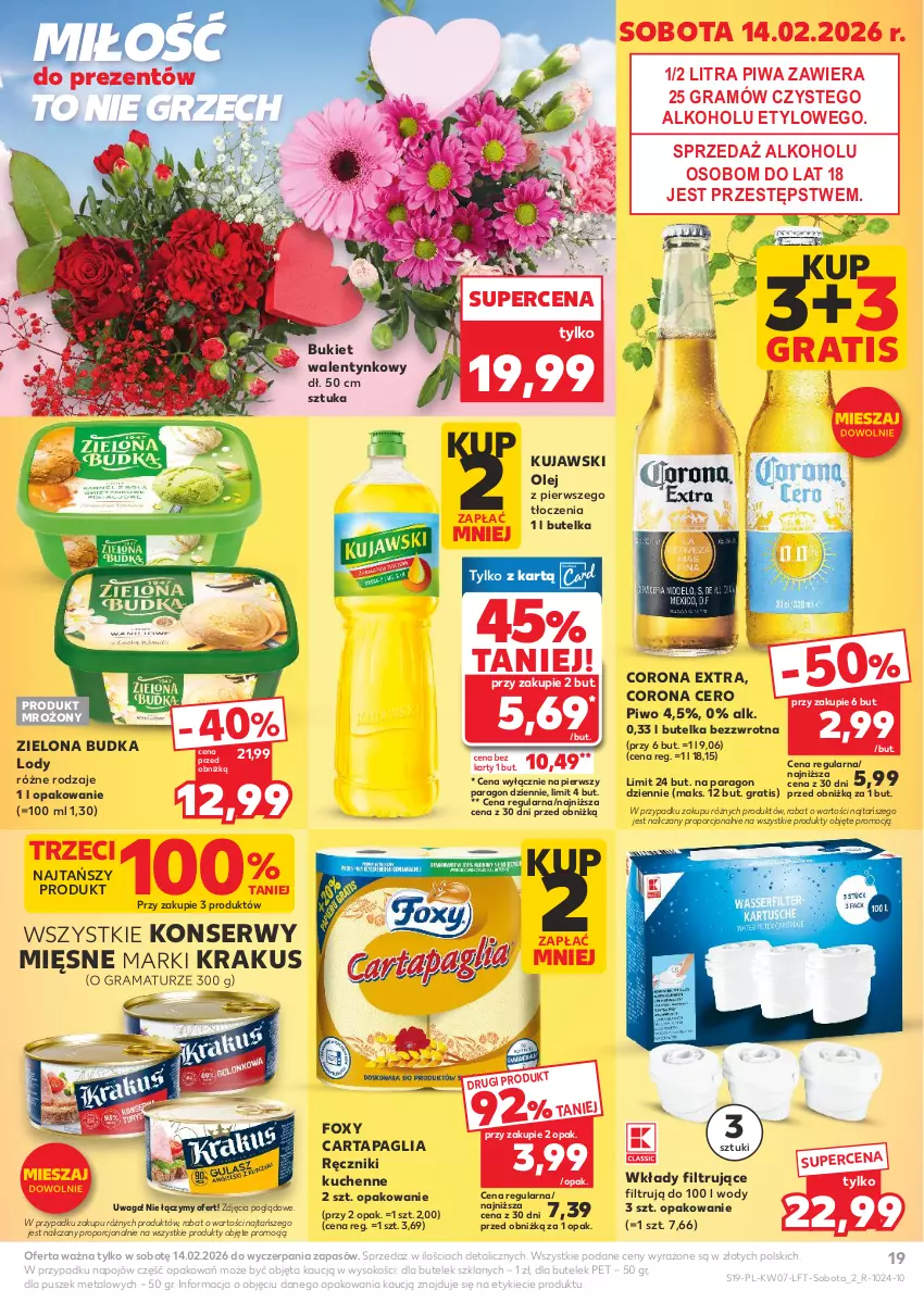 Gazetka promocyjna Kaufland - Gazetka tygodnia - ważna 11.02 do 18.02.2026 - strona 19 - produkty: Bukiet, Corona Extra, Foxy, Gra, Krakus, Kujawski, Lody, Olej, Piwa, Piwo, Por, Rama, Ręcznik, Ser, Sok, Waga, Zielona Budka