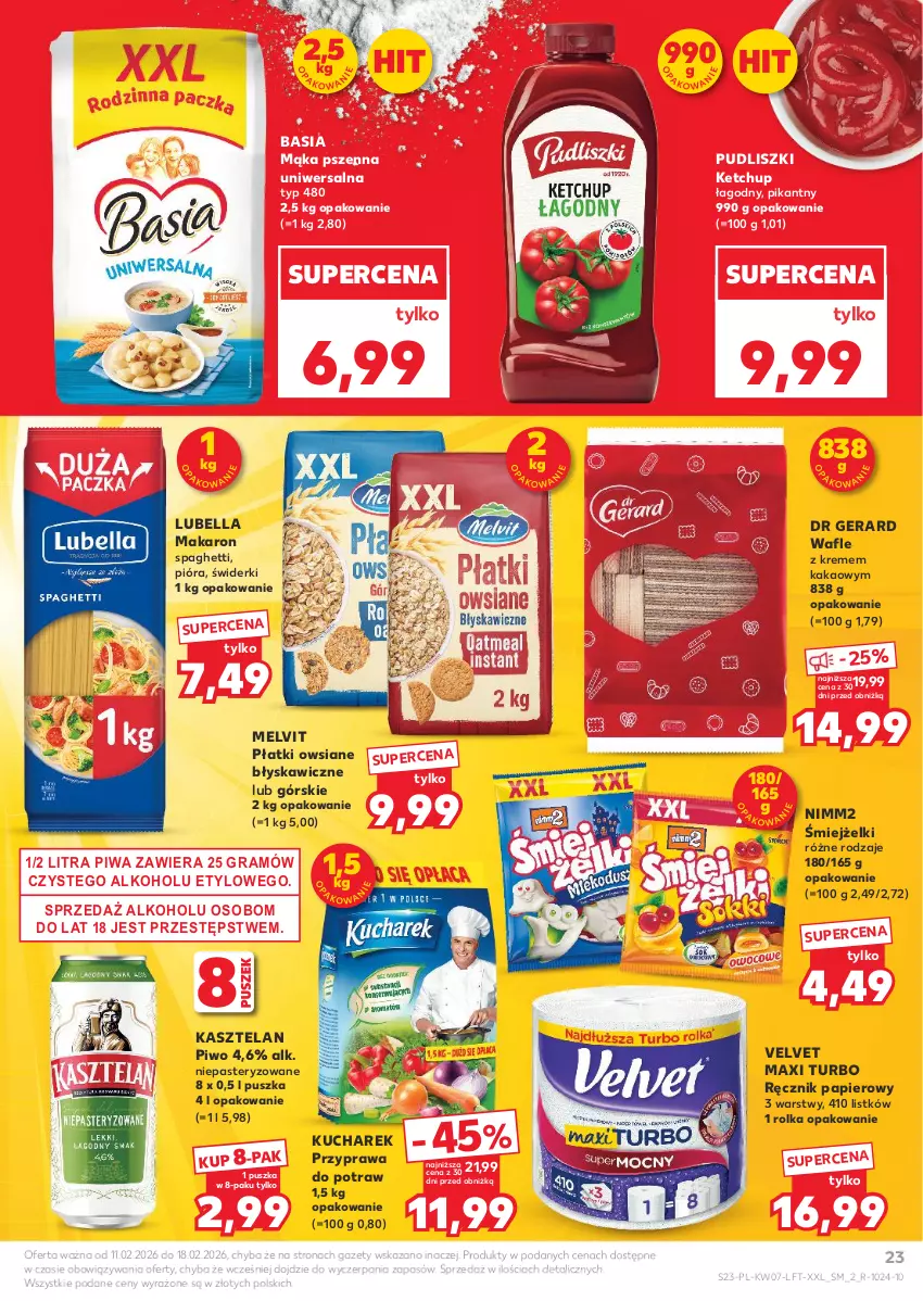 Gazetka promocyjna Kaufland - Gazetka tygodnia - ważna 11.02 do 18.02.2026 - strona 23 - produkty: Basia, Bell, Bella, Dr Gerard, Gra, Kakao, Kasztelan, Ketchup, Kucharek, Lubella, Mąka, Mąka pszenna, Makaron, Melvit, Nimm2, Papier, Piwa, Piwo, Płatki owsiane, Przyprawa do potraw, Pudliszki, Ręcznik, Spaghetti, Velvet, Wafle