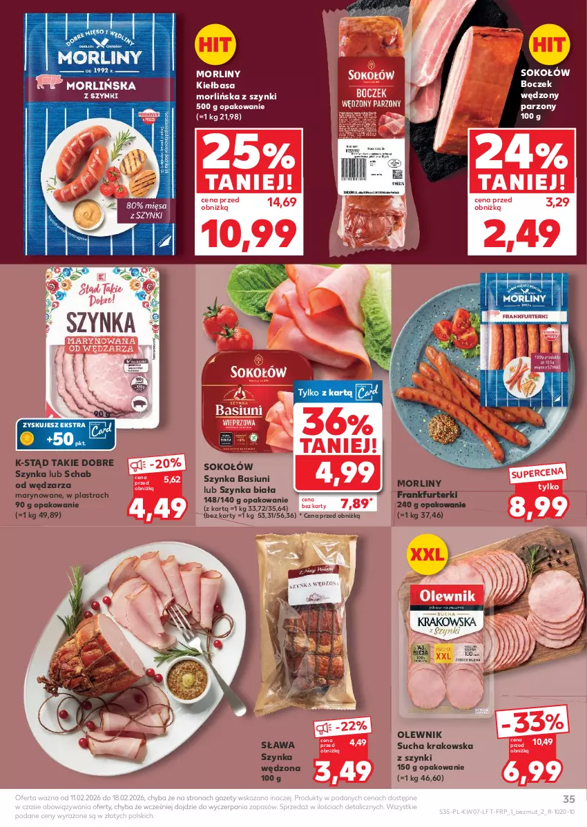 Gazetka promocyjna Kaufland - Gazetka tygodnia - ważna 11.02 do 18.02.2026 - strona 35 - produkty: Boczek, Frankfurterki, Kiełbasa, Morliny, Olewnik, Sok, Sokołów, Szynka, Szynka biała