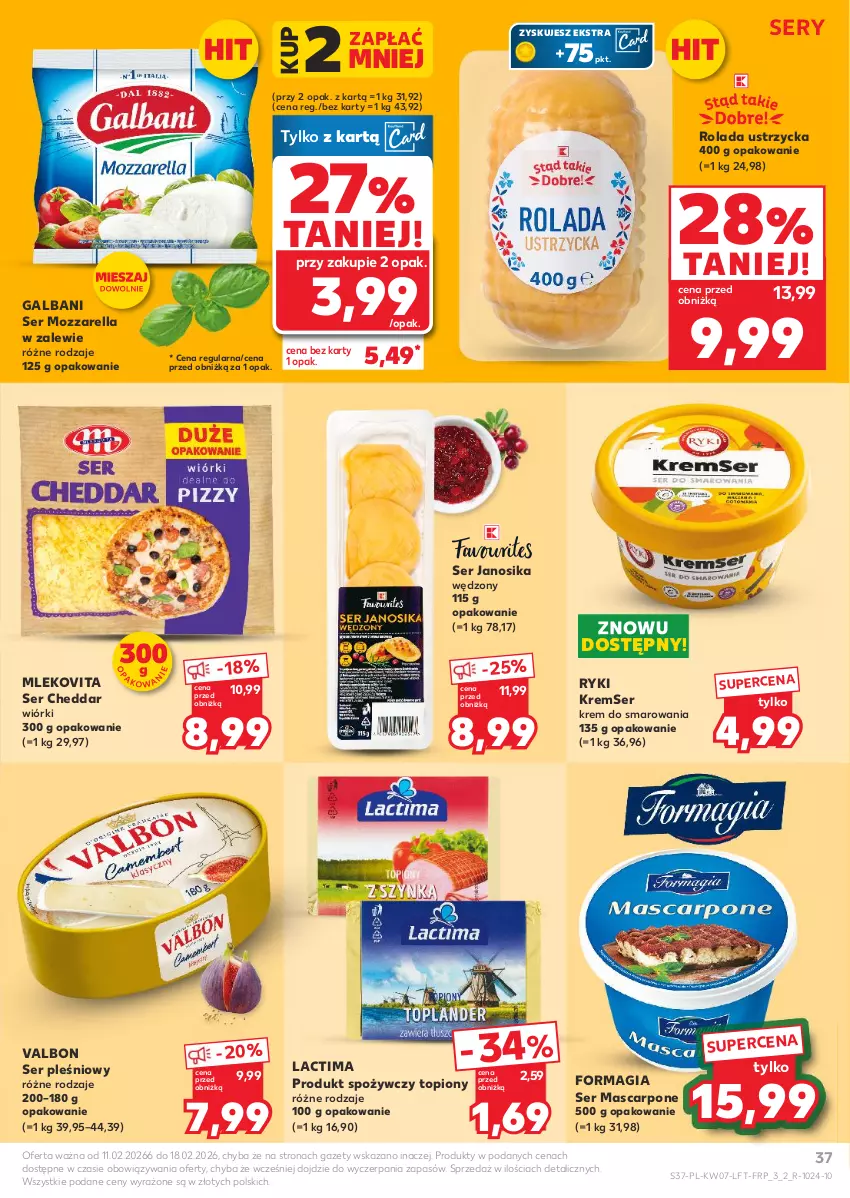 Gazetka promocyjna Kaufland - Gazetka tygodnia - ważna 11.02 do 18.02.2026 - strona 37 - produkty: Cheddar, Galbani, Mascarpone, Mleko, Mlekovita, Mozzarella, Rolada, Rolada Ustrzycka, Ser, Ser pleśniowy, Top