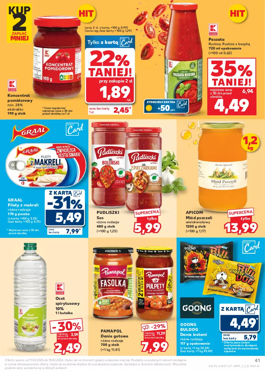 Gazetka promocyjna Kaufland - Gazetka tygodnia - ważna 11.02 do 18.02.2026 - strona 41 - produkty: Bazyl, Danie gotowe, Gra, Graal, Koncentrat pomidorowy, Miód, Ocet, Pudliszki, Rust, Sos