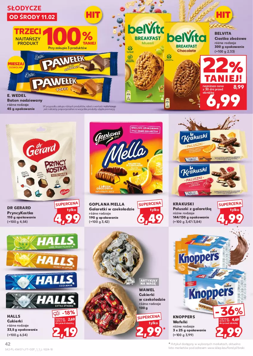 Gazetka promocyjna Kaufland - Gazetka tygodnia - ważna 11.02 do 18.02.2026 - strona 42 - produkty: Baton, BelVita, Ciastka, Cukier, Cukierki, Dr Gerard, Dres, E. Wedel, Gala, Galaretki, Goplana, Halls, Knoppers, Krakus, Krakuski, LANA, Por, Vita C, Wawel