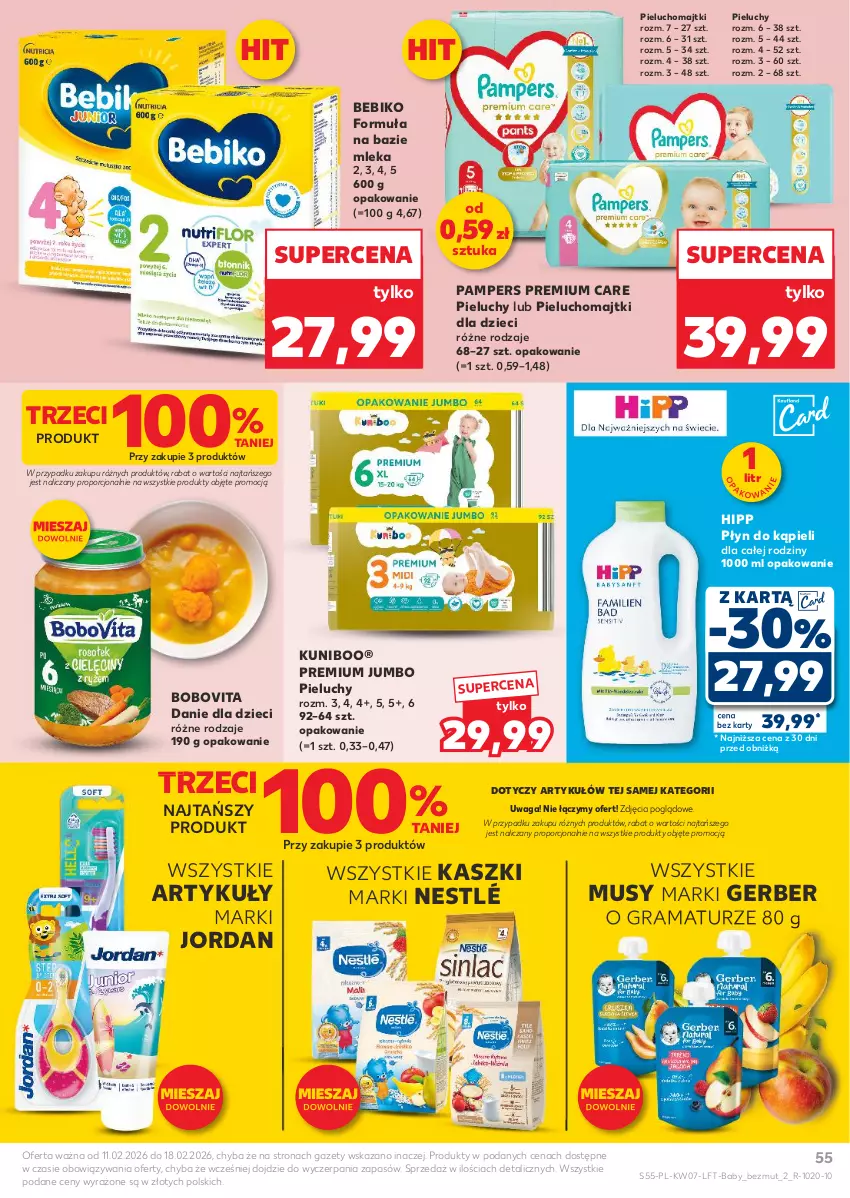Gazetka promocyjna Kaufland - Gazetka tygodnia - ważna 11.02 do 18.02.2026 - strona 55 - produkty: Bebiko, BoboVita, Danie dla dzieci, Dzieci, Gerber, Gra, HiPP, Majtki, Mus, Nestlé, Pampers, Pieluchomajtki, Pieluchy, Płyn do kąpieli, Por, Rama, Waga