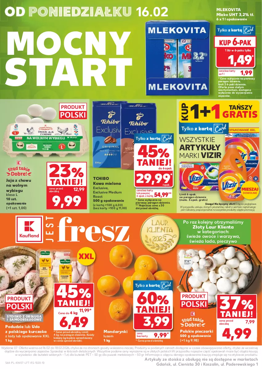 Gazetka promocyjna Kaufland - Gazetka tygodnia - ważna 11.02 do 18.02.2026 - strona 64 - produkty: Gra, Jaja, Kawa, Kawa mielona, Kosz, Kurczak, Laur, Mandarynki, Mleko, Mlekovita, Olej, Owoce, Piec, Pieczywo, Por, Sok, Szal, Tchibo, Vizir, Waga, Warzywa