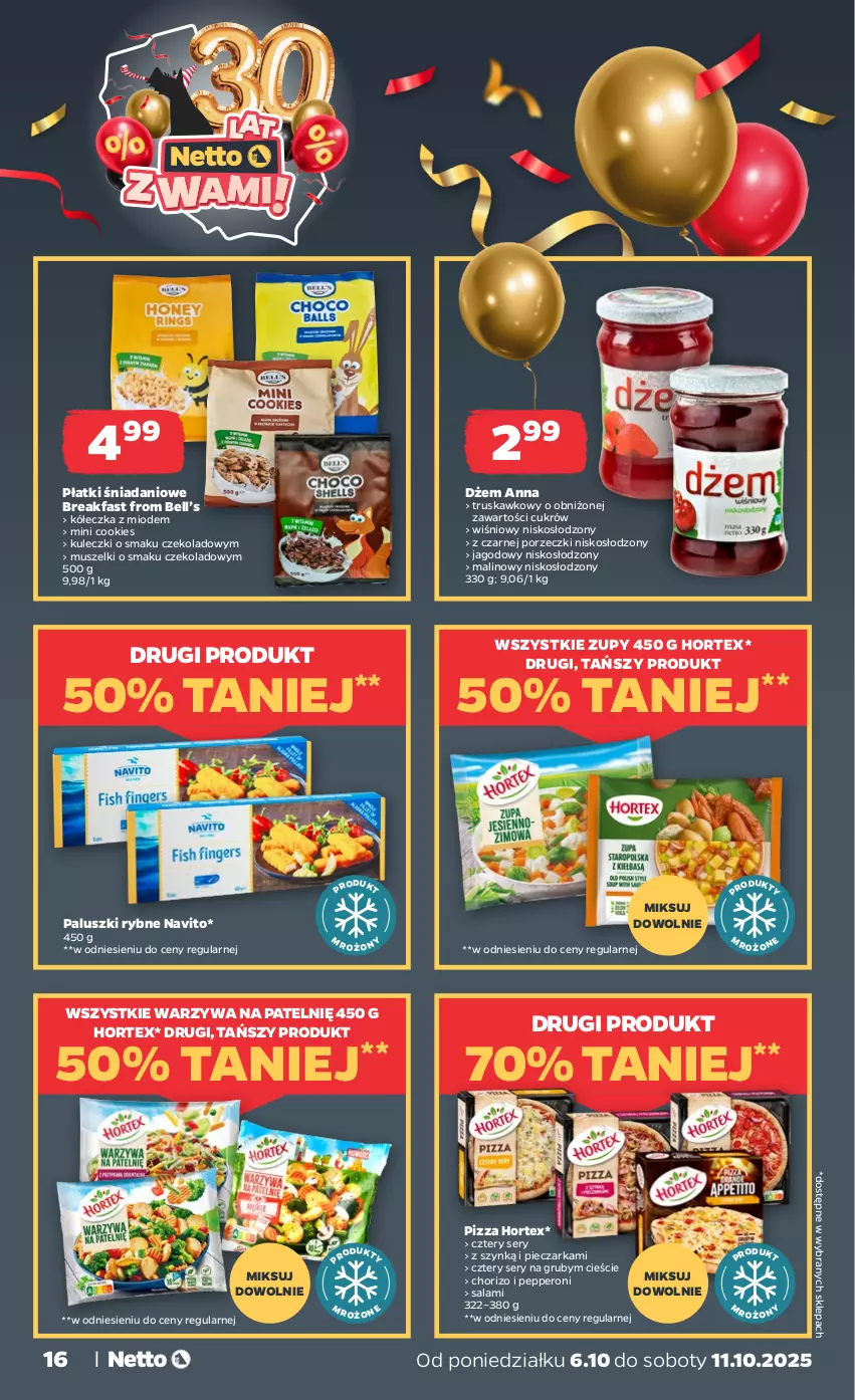 Gazetka promocyjna Netto - Od Poniedziałku - ważna 06.10 do 11.10.2025 - strona 16 - produkty: Bell, Danio, Dżem, Fa, Hortex, Mus, Paluszki rybne, Piec, Pieczarka, Pizza, Por, Salami, Ser, Warzywa