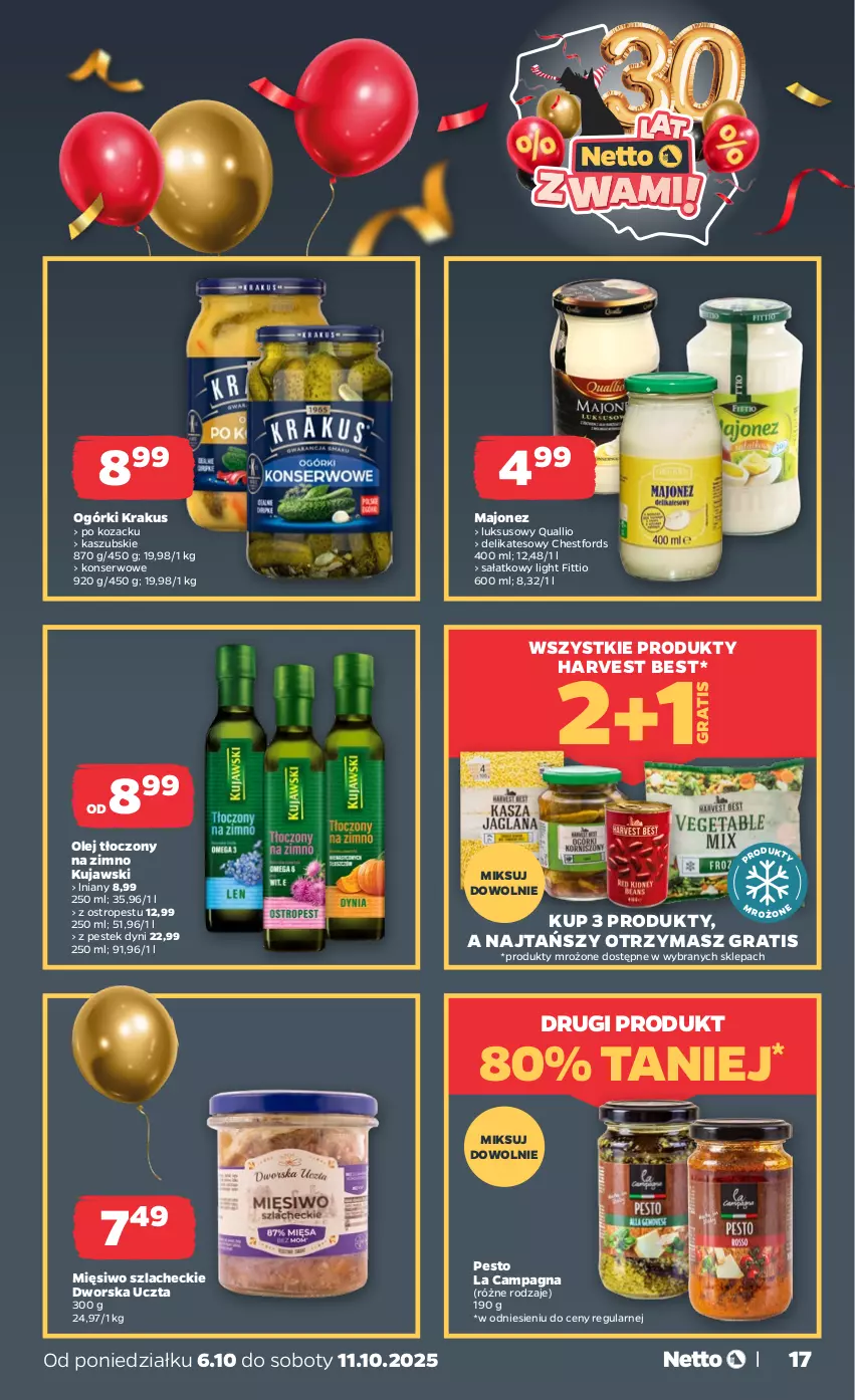 Gazetka promocyjna Netto - Od Poniedziałku - ważna 06.10 do 11.10.2025 - strona 17 - produkty: Gra, Krakus, Kujawski, Majonez, Olej, Ostropes, Pesto, Produkty mrożone, Sałat, Ser, Stek