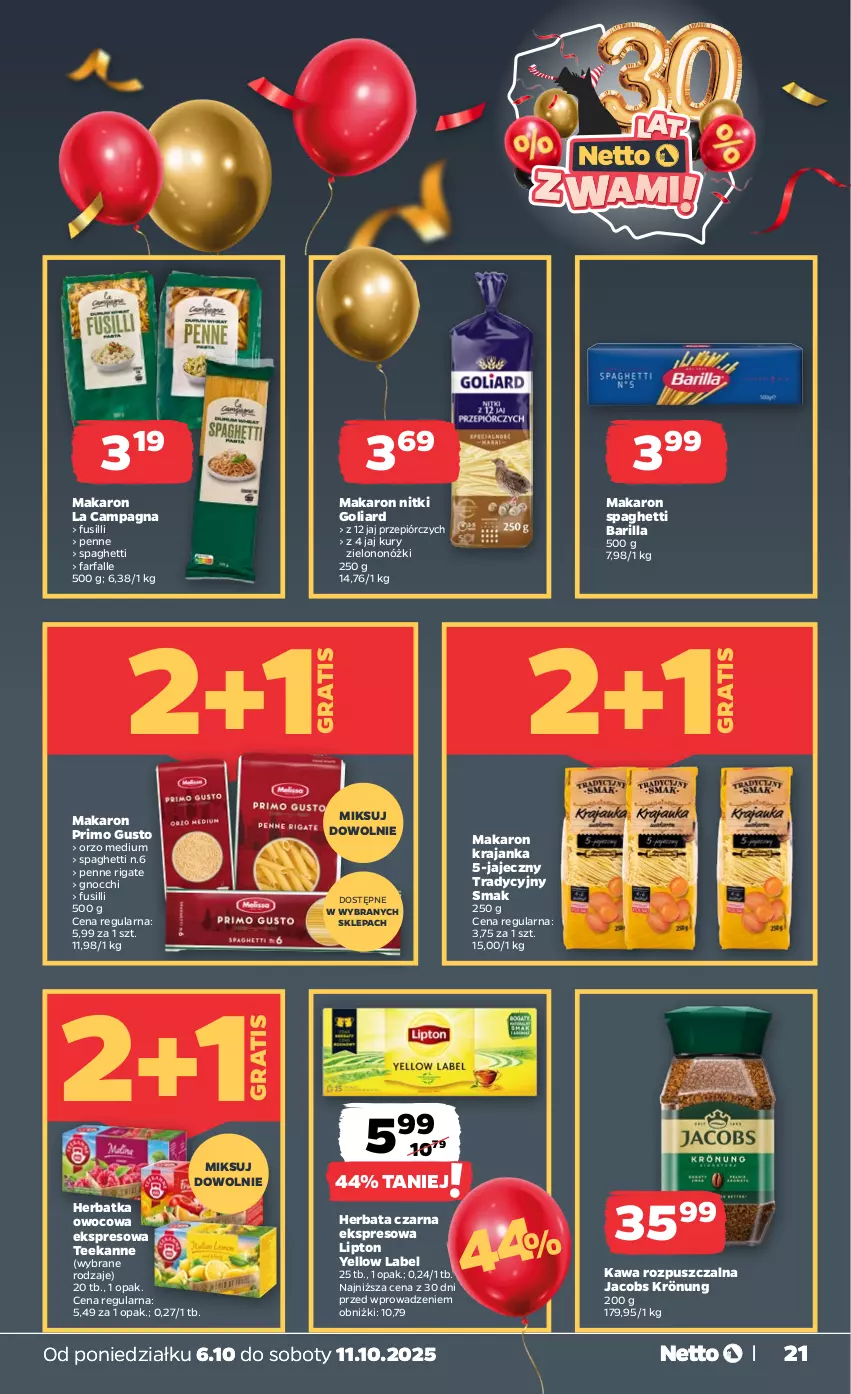 Gazetka promocyjna Netto - Od Poniedziałku - ważna 06.10 do 11.10.2025 - strona 21 - produkty: Barilla, Fa, Gnocchi, Goliard, Gra, Herbata, Herbata czarna, Jacobs, Jacobs Krönung, Kawa, Kawa rozpuszczalna, Lipton, Makaron, Penne, Spaghetti, Teekanne