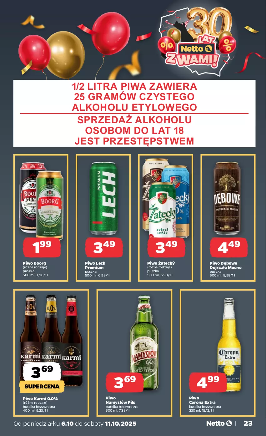 Gazetka promocyjna Netto - Od Poniedziałku - ważna 06.10 do 11.10.2025 - strona 23 - produkty: Corona Extra, Gra, Karmi, Lech Premium, Namysłów, Piwa, Piwo