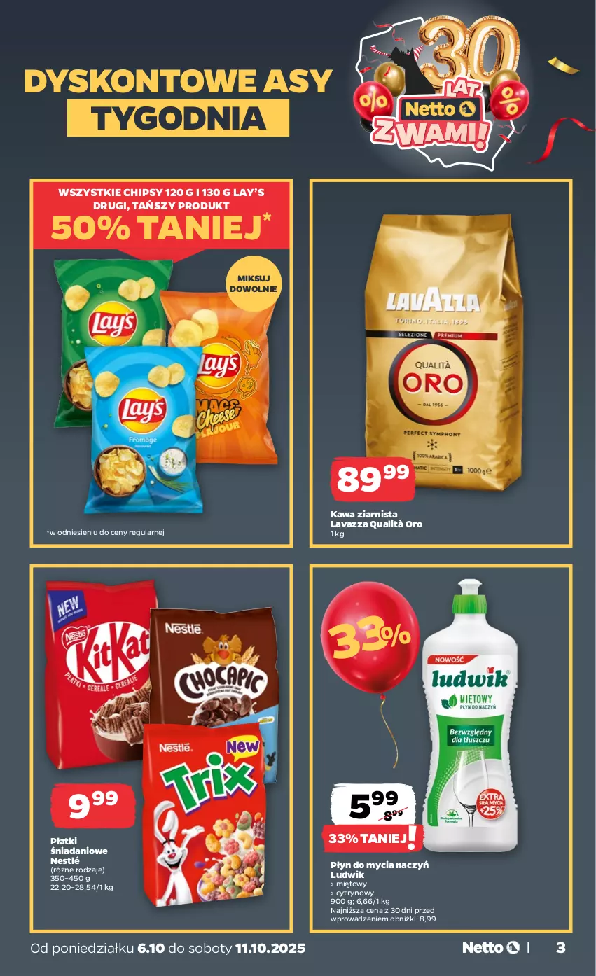 Gazetka promocyjna Netto - Od Poniedziałku - ważna 06.10 do 11.10.2025 - strona 3 - produkty: Chipsy, Danio, Do mycia naczyń, Kawa, Kawa ziarnista, Lavazza, Lay’s, Ludwik, Nestlé, Płyn do mycia, Płyn do mycia naczyń