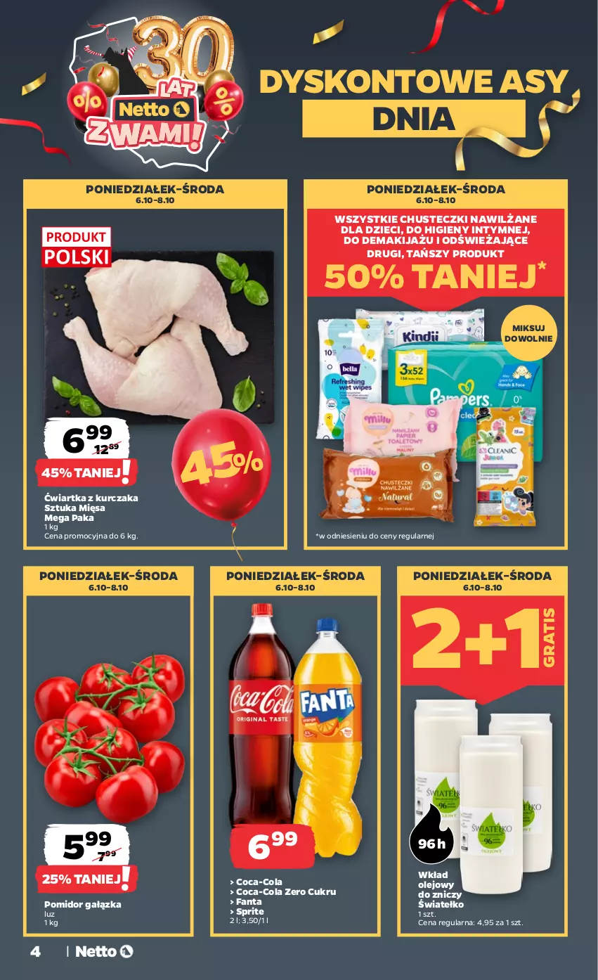 Gazetka promocyjna Netto - Od Poniedziałku - ważna 06.10 do 11.10.2025 - strona 4 - produkty: Chusteczki, Coca-Cola, Dzieci, Fa, Fanta, Gra, Kurczak, Makijaż, Olej, Sprite, Wkład olejowy, Znicz